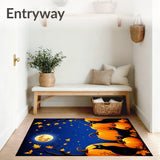 Midnight Harvest Black Cat Pumpkin Carpet Welcome Rug Spooky Decor(Blue)