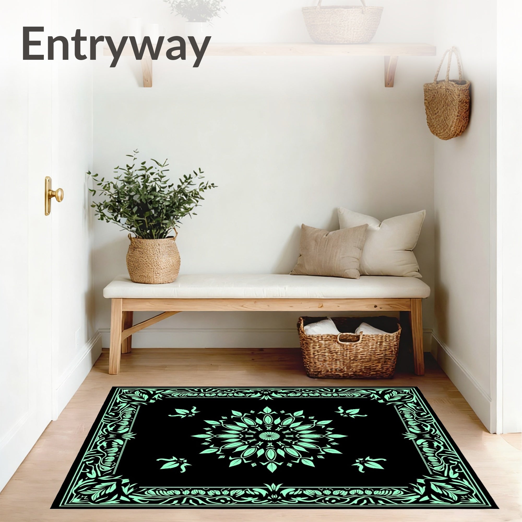 Botanical Leaf Medallion with Intricate Vine Border Design (Black) - ODIKA