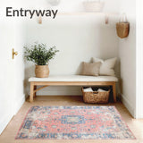 Distressed Floral Medallion Area Rug with Vintage Fade and Pastel Tones(Pink)