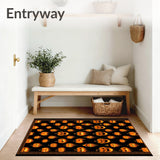 Dark Harvest Halloween Bath Rug Featuring Pumpkin Skull Faces and Creepy Glyphs(Black)