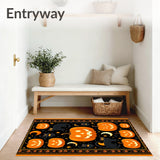 Wicked Halloween Pumpkin Runner Rug with Sinister Black Cat and Moon Motifs(Black)