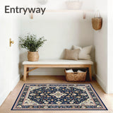 Navy Beige Ornate Medallions Easy Cleaning Non Shedding(Blue)