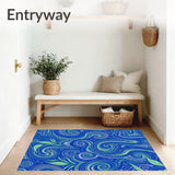 Curvilinear Wave Design Accented by Leafy Botanical (Blue)
