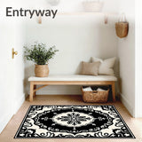 Distressed Medallion Botanical Motif with Ornate Scrollwork Accents(Black)