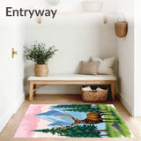 Dreamy Mountain Elk Pine Tree Landscape Floor(Brown)