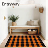 Halloween Plaid Area Rug Spooky Black & Orange Carpet with Pumpkin Design(Orange)