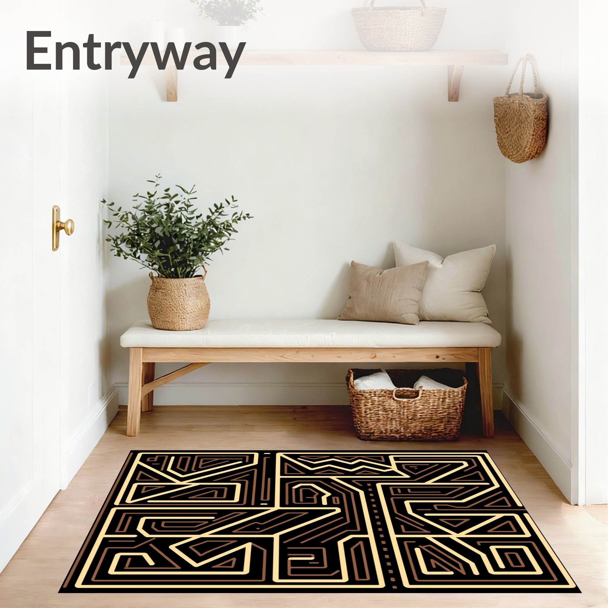 Modern Interlocking Maze Motif with Angular Paths and Golden Accents (Black) - ODIKA
