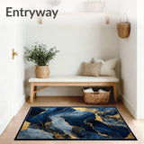 Geometric Blue and Gold Area Rug Featuring Marble Inspired Swirl Motifs(Blue)