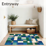 Stylized Geometric Plaid in Blue Green and Beige with Non Uniform Squares(Blue)