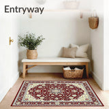 Burgundy and Cream Floral Medallion Area with Geometric Design(Red)