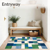 Abstract Geometric Area with Blue Green and Beige Patchwork Plaid Motif(Blue)