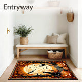 Festive Gnome and Cat Pumpkin Carpet with Maple Leaf and Web Embellishments(Orange)