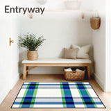 Asymmetric Blue Green and Beige Plaid Featuring Bold Linear(Blue)