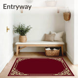 Retro Plush Floor Covering With Elegant Scroll Borders(Burgundy)