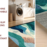 Ultra Soft Area Rug, Non Slip, Stain Resistant, Washable Area Rugs for Living Room, Bedroom, Nautical Shoreline Runner Rug with Seafoam Wave Designs and Coral Reef Details(Blue)