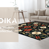 Ultra Soft Area Rug, Non Slip, Stain Resistant, Washable Area Rugs for Living Room, Bedroom, Rustic Warm Hued Floral Embellishments(Black)