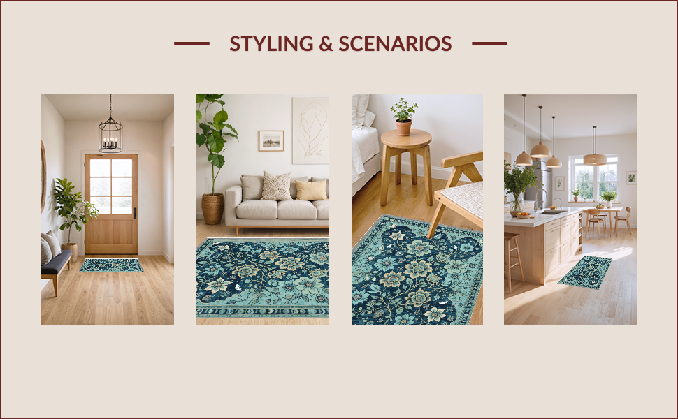 Ultra Soft Area Rug, Non Slip, Stain Resistant, Washable Area Rugs for Living Room, Bedroom, Vintage Floral Non-Slip Living Room(Blue) - ODIKA