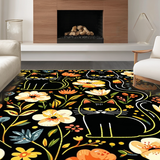 Ultra Soft Area Rug, Non Slip, Stain Resistant, Washable Area Rugs for Living Room, Bedroom, Playful Feline Floral Aesthetic(Black)