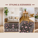 Ultra Soft Area Rug, Non Slip, Stain Resistant, Washable Area Rugs for Living Room, Bedroom, Lush Botanical Scalloped Design(Black)