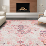 Ultra Soft Area Rug, Non Slip, Stain Resistant, Washable Area Rugs for Living Room, Bedroom, Serene Earthy Medallion Style(Pink)