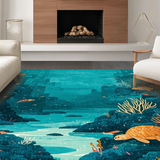 Ultra Soft Area Rug, Non Slip, Stain Resistant, Washable Area Rugs for Living Room, Bedroom, Coastal Seascape Lightweight Rug With Turtle Sanctuary And Coral Design(Blue)