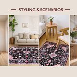 Ultra Soft Area Rug, Non Slip, Stain Resistant, Washable Area Rugs for Living Room, Bedroom, Rustic Tiled Floral Arrangement(Black)