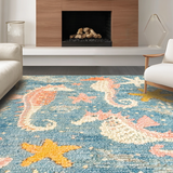 Ultra Soft Area Rug, Non Slip, Stain Resistant, Washable Area Rugs for Living Room, Bedroom, Chic Nautical Pattern Area Rug with Playful Seahorse and Starfish Accents(Blue)