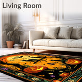 Spooky Halloween Coir Rug Black Cats & Pumpkins Welcome Mat(Black)