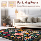 Ultra Soft Area Rug, Non Slip, Stain Resistant, Washable Area Rugs for Living Room, Bedroom, Boho Black Floral Washable Rug for Living Room(Black)