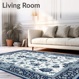 Chic Area Rug with Vibrant Grey and Blue Floral Damask Motif(White)