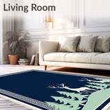 Nordic Caribou Doormat with Evergreen Tree Border(Blue)