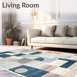 Abstract Patchwork Beige & Blue Geometric Floor Covering(Beige)