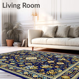 Intricate Woven Area Featuring Complex Design and Gold Accents(Blue)