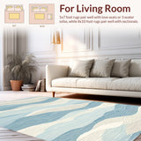 Coastal Inspired Wavy Line Design Durable Area Floor Covering(Blue)