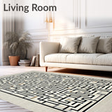 Nordic Modern Geo Maze Area with Contrasting Monochrome Lattice Motifs(Beige)