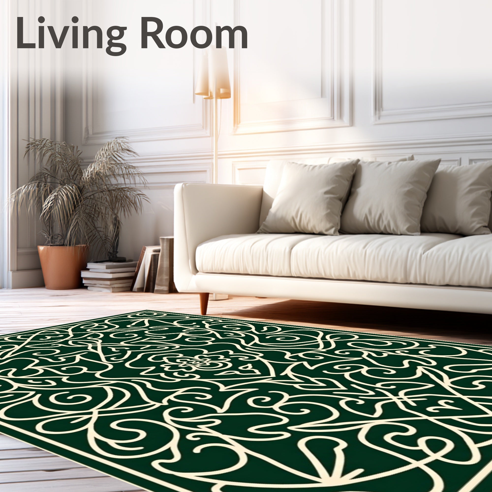 Interlocking Wave Motif with Ornate Scrollwork and Abstract Floral (Green) - ODIKA