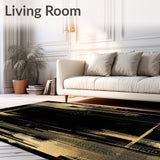 Elegant Black Rug with Gold Brushstroke Pattern and Metallic Highlights(Black)