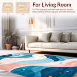Marine Life Abstract Carpet with Soft Pastel Waves and Sea Creature Shapes(Blue)