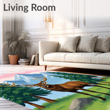 Dreamy Mountain Elk Pine Tree Landscape Floor(Brown)