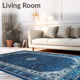Intricate Abstract Spotted Area with Geometric Blue and Silver Design(Blue)
