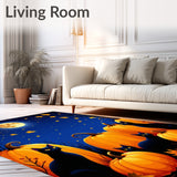 Midnight Harvest Black Cat Pumpkin Carpet Welcome Rug Spooky Decor(Blue)