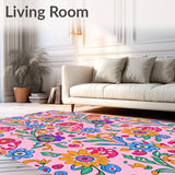 Boho Garden Mosaic with Curved Foliage and Stylized Rosette Details(Pink)