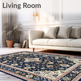 Navy Beige Ornate Medallions Easy Cleaning Non Shedding(Blue)