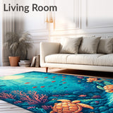 Discovery Island Area Rug Ocean Life Kids Play Mat Aquatic Animal Count Carpet(Blue)