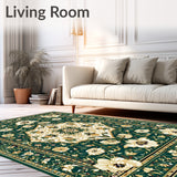 Intricate Floral Area with Geometric Design in Rich Green and Gold(Green)