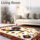 Country Rooster Design Area Slip Resistant Beige Multi Color Folk Art Style(White)
