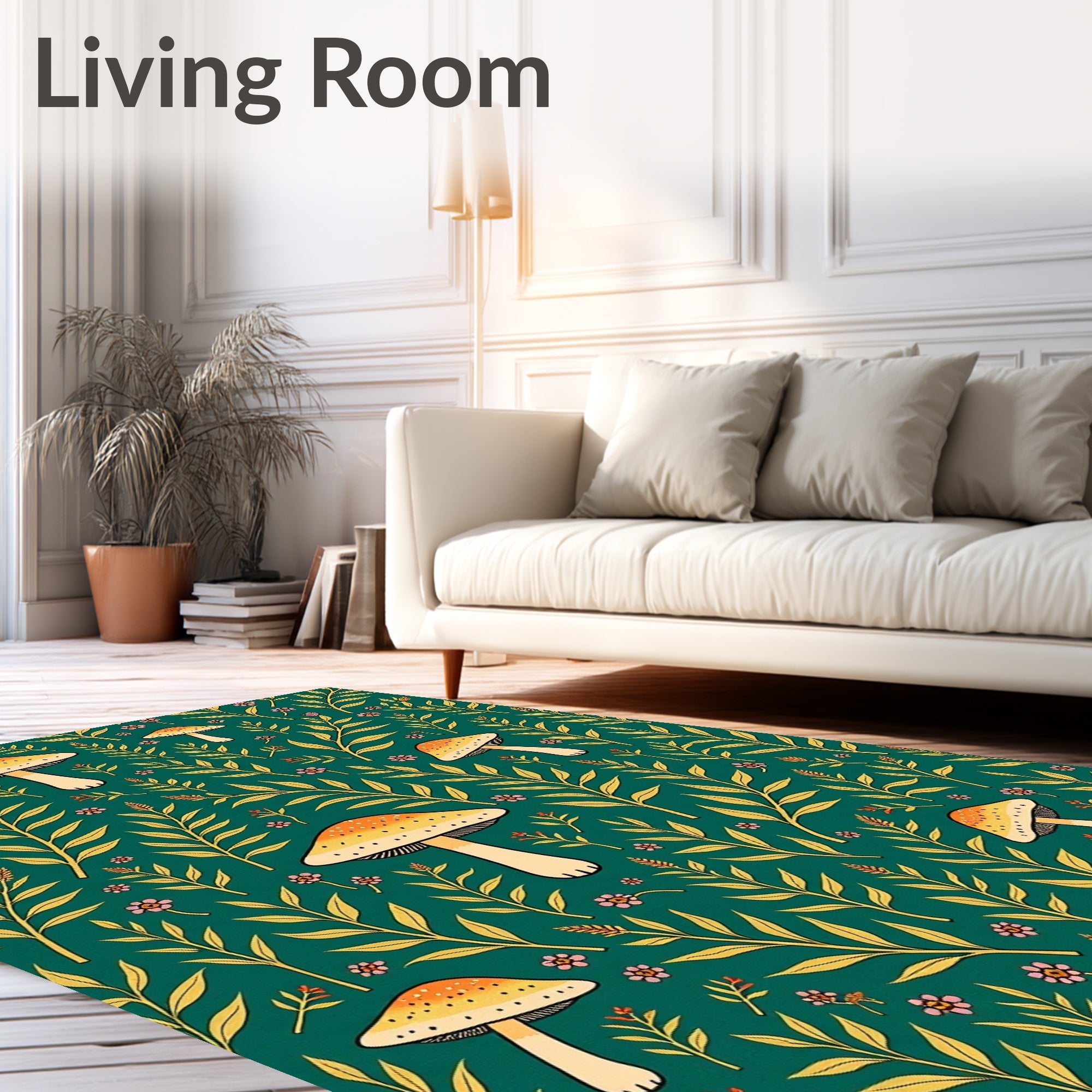 Mushroom Meadow Motif with Botanical Accents and Whimsical Detailing (Green) - ODIKA