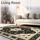 Elegant Black and Beige Medallion Area with Ornate Oriental Motifs(Black)
