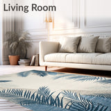 Blue Grey and Beige Botanical Motif Area with Palm Leaves(Blue)