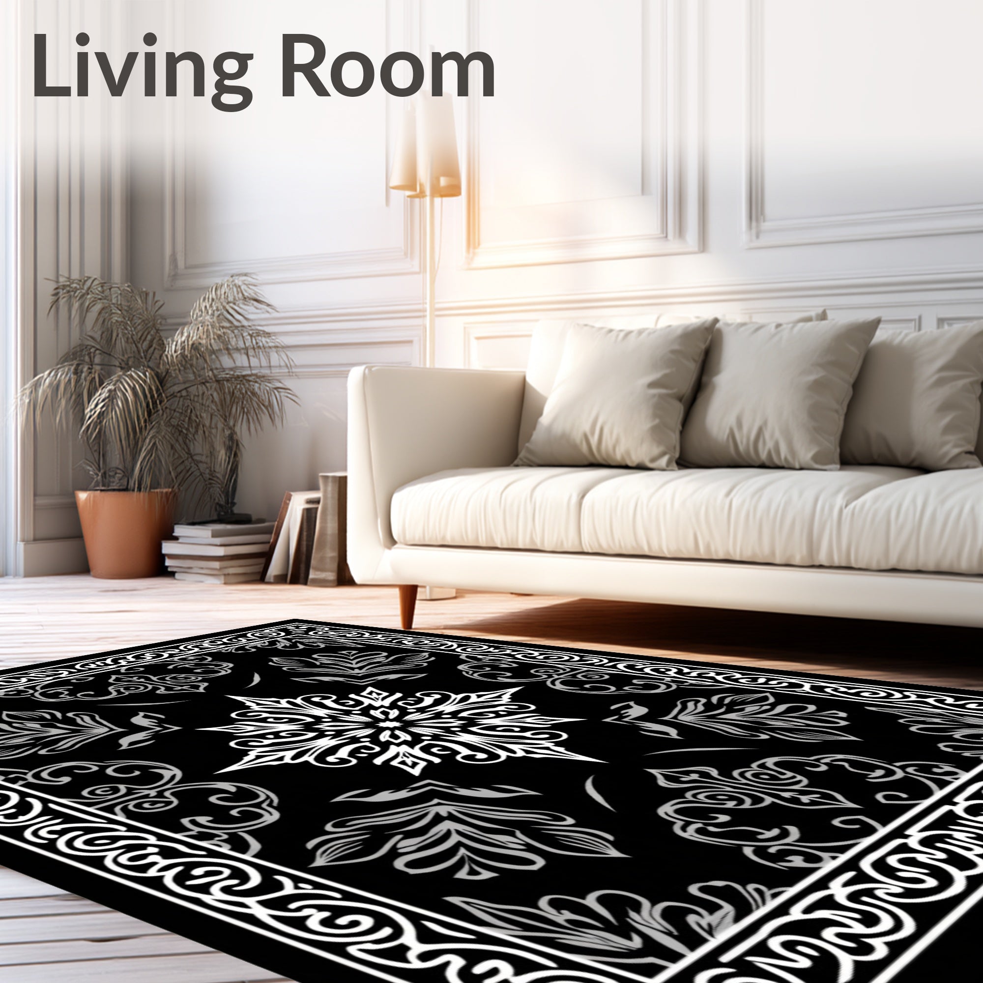 Ebony Damask Medallion Design with Ornate Scrollwork (Black) - ODIKA